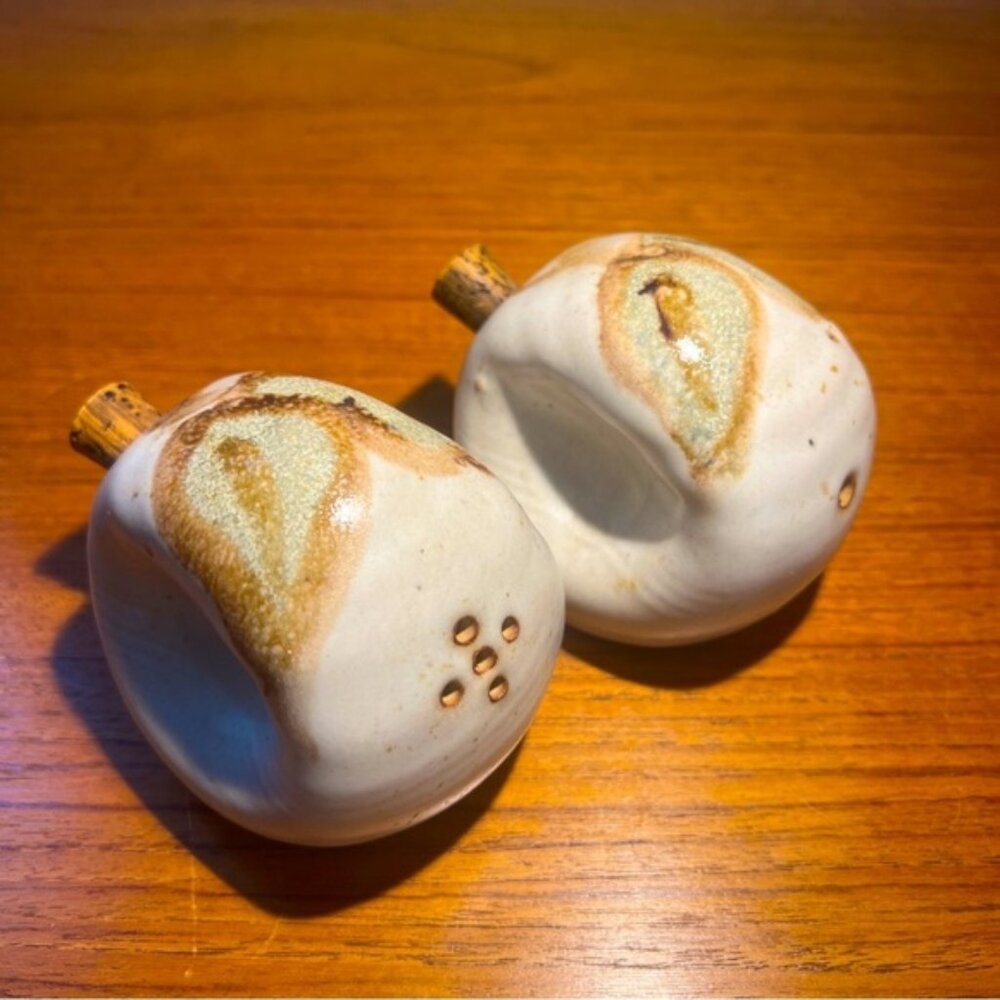 Vintage art pottery salt pepper shakers set with original corks marked Handmade